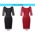 Kate Kasin Women 3/4 Sleeve Crew Neck Hips-Wrapped Red Lace Bodycon Pencil Dress KK000506-2